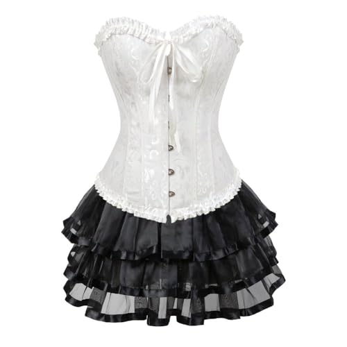 AIGOUT Vintage Court Brokat Korsett Kleid Set Gothic Korsett Spitze Satin Ballettrock Zweiteiliges Set mit Schleife vorne Fischgrätenmieder (Weiß, 4XL) von AIGOUT