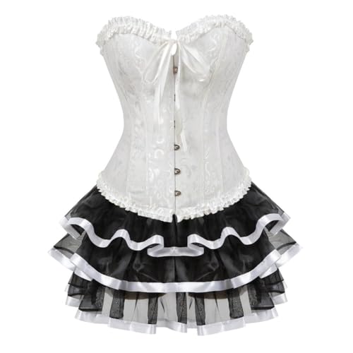AIGOUT Vintage Court Brokat Korsett Kleid Set Gothic Korsett Spitze Satin Ballettrock Zweiteiliges Set mit Schleife vorne Fischgrätenmieder (Weiß, XL) von AIGOUT