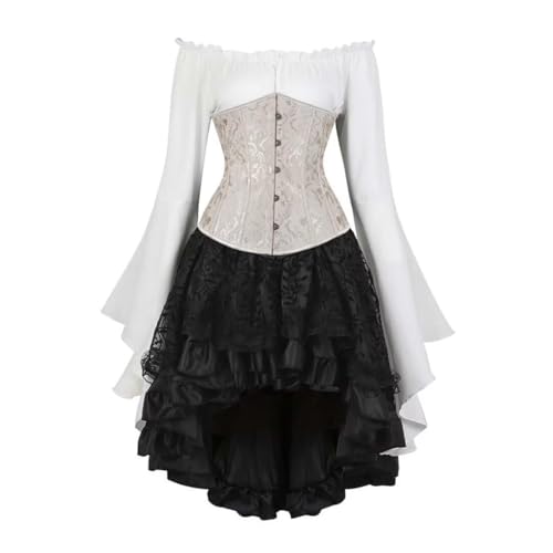 AIGOUT Vintage Court Brokat Korsett Set Unterbrust Piraten Bluse Gothic Rock - Glockenärmel Mieder Halloween Kostüm (Beige, XL) von AIGOUT
