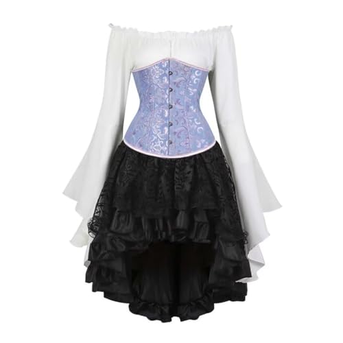 AIGOUT Vintage Court Brokat Korsett Set Unterbrust Piraten Bluse Gothic Rock - Glockenärmel Mieder Halloween Kostüm (Blau, 4XL) von AIGOUT