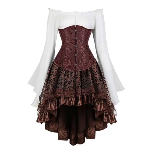 AIGOUT Vintage Court Brokat Korsett Set Unterbrust Piraten Bluse Gothic Rock - Glockenärmel Mieder Halloween Kostüm (Braun, XXS) von AIGOUT