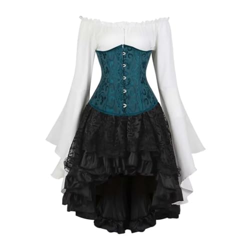 AIGOUT Vintage Court Brokat Korsett Set Unterbrust Piraten Bluse Gothic Rock - Glockenärmel Mieder Halloween Kostüm (Dunkelgrün, XS) von AIGOUT