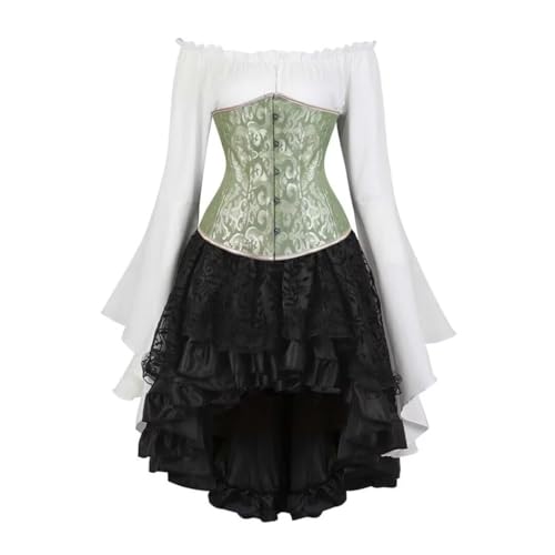 AIGOUT Vintage Court Brokat Korsett Set Unterbrust Piraten Bluse Gothic Rock - Glockenärmel Mieder Halloween Kostüm (Grün, XS) von AIGOUT