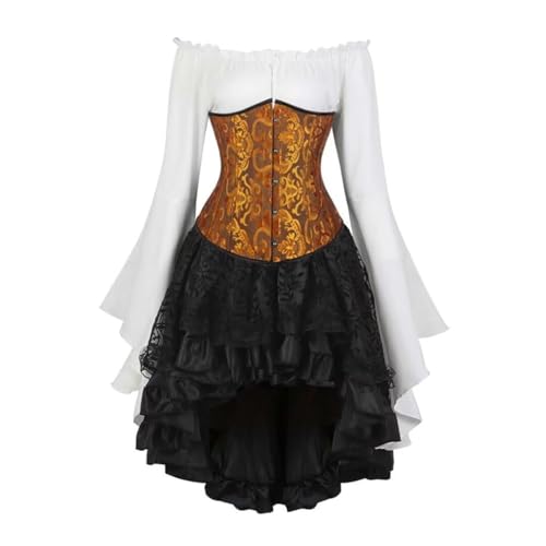 AIGOUT Vintage Court Brokat Korsett Set Unterbrust Piraten Bluse Gothic Rock - Glockenärmel Mieder Halloween Kostüm (Ingwer, XS) von AIGOUT