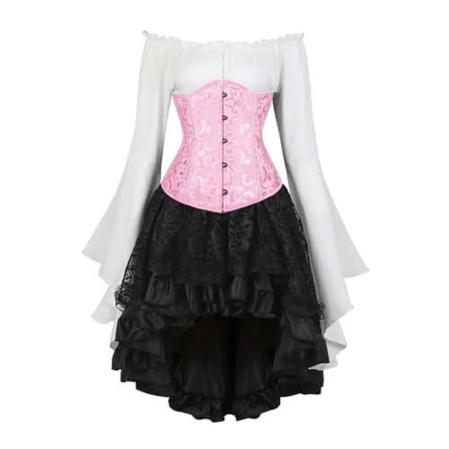 AIGOUT Vintage Court Brokat Korsett Set Unterbrust Piraten Bluse Gothic Rock - Glockenärmel Mieder Halloween Kostüm (Rosa, M) von AIGOUT