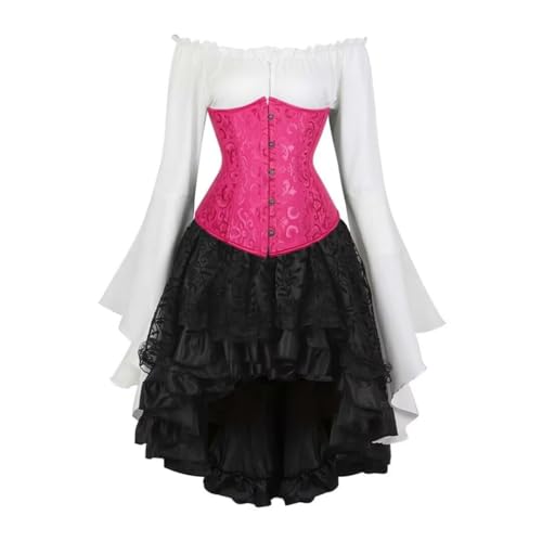 AIGOUT Vintage Court Brokat Korsett Set Unterbrust Piraten Bluse Gothic Rock - Glockenärmel Mieder Halloween Kostüm (Rose, 6XL) von AIGOUT