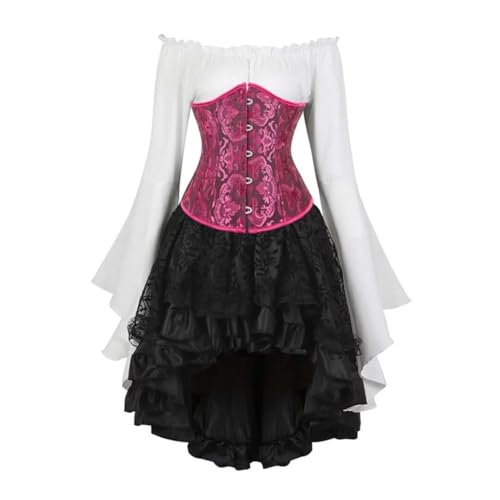 AIGOUT Vintage Court Brokat Korsett Set Unterbrust Piraten Bluse Gothic Rock - Glockenärmel Mieder Halloween Kostüm (Rose Schwarz, 5XL) von AIGOUT