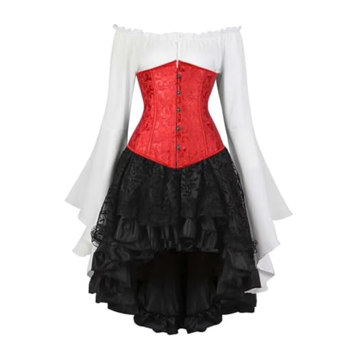 AIGOUT Vintage Court Brokat Korsett Set Unterbrust Piraten Bluse Gothic Rock - Glockenärmel Mieder Halloween Kostüm (Rot, M) von AIGOUT