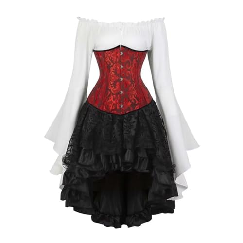 AIGOUT Vintage Court Brokat Korsett Set Unterbrust Piraten Bluse Gothic Rock - Glockenärmel Mieder Halloween Kostüm (Rot Schwarz, 7XL) von AIGOUT