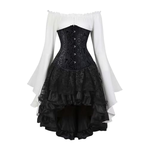 AIGOUT Vintage Court Brokat Korsett Set Unterbrust Piraten Bluse Gothic Rock - Glockenärmel Mieder Halloween Kostüm (Schwarz, XL) von AIGOUT