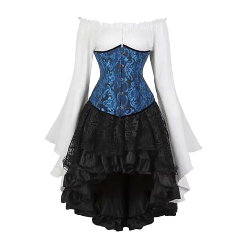 AIGOUT Vintage Court Brokat Korsett Set Unterbrust Piraten Bluse Gothic Rock - Glockenärmel Mieder Halloween Kostüm (Schwarz Blau, 5XL) von AIGOUT