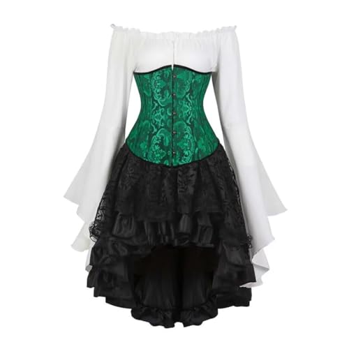 AIGOUT Vintage Court Brokat Korsett Set Unterbrust Piraten Bluse Gothic Rock - Glockenärmel Mieder Halloween Kostüm (Schwarz Grün, XXS) von AIGOUT
