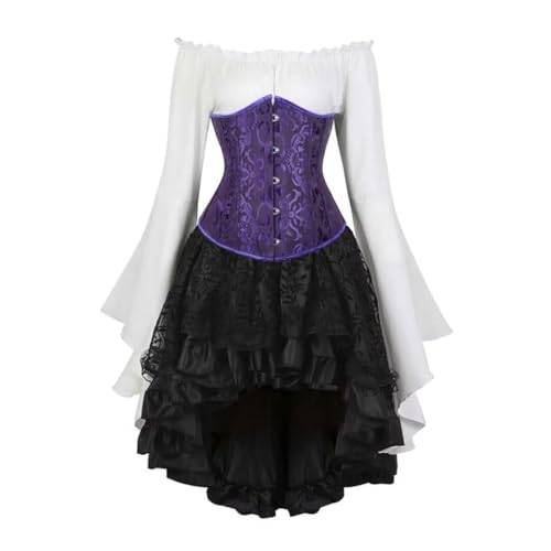 AIGOUT Vintage Court Brokat Korsett Set Unterbrust Piraten Bluse Gothic Rock - Glockenärmel Mieder Halloween Kostüm (Schwarz Lila, 6XL) von AIGOUT