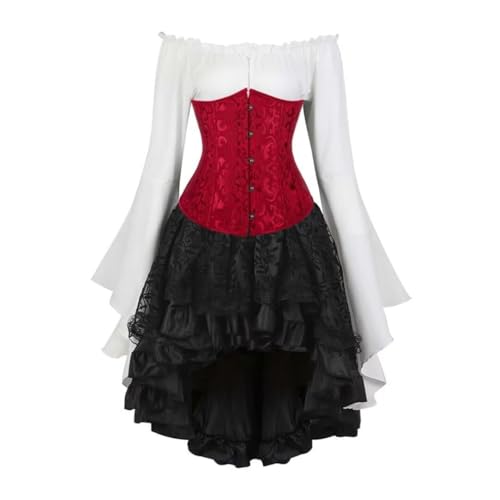 AIGOUT Vintage Court Brokat Korsett Set Unterbrust Piraten Bluse Gothic Rock - Glockenärmel Mieder Halloween Kostüm (Weinrot, 6XL) von AIGOUT