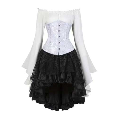 AIGOUT Vintage Court Brokat Korsett Set Unterbrust Piraten Bluse Gothic Rock - Glockenärmel Mieder Halloween Kostüm (Weiß, M) von AIGOUT