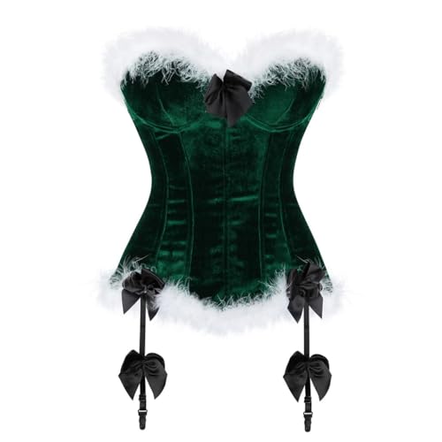 AIGOUT Weihnachten Korsett Santa Claus Cosplay Bustier Body Shaper - Weihnachten Korsett mit Schleife und Strapsgürtel Plüsch Rollenspiel Schnüren Shaping Corsage (Dunkelgrün, 3XL) von AIGOUT