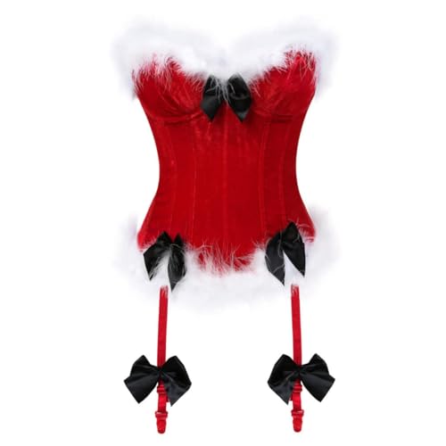 AIGOUT Weihnachten Korsetts Santa Claus Cosplay Bustier Body Shaper - Weihnachten Korsett mit Schleife und Strapsgürtel Plüsch Rollenspiel Schnüren Shaping Corsage (Rot, L) von AIGOUT