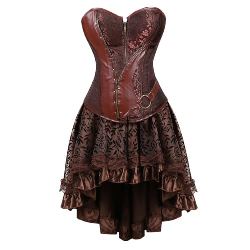 Braunes Steampunk-Korsettkleid-Set – Überbrustkorsett aus Leder, Nieten, Reißverschluss, Fischgräten-Korsett mit hohem und niedrigem Rock, Übergröße, Vintage-Brokat-Kostüm für Halloween, Pirat, Gothic Braunes Steampunk-Korsettkleid-Set – Überbrustkorsett aus Leder, Nieten, Reißverschluss, Fischgräten-Korsett mit hohem und niedrigem Rock, Übergröße, Vintage-Brokat-Kostüm für Halloween, Pirat, Gothic von AIGOUT