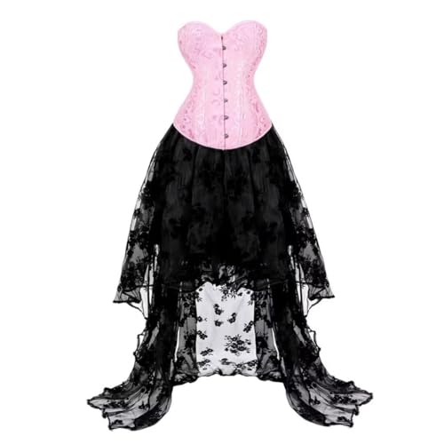 Damen Gothic Korsett Kleid Anzug - Renaissance Fischgräten-Korsett mit Steampunk High-Low Rock (Vintage Brokat Jacquard Kleid) Mittelalter Kostüm (Rosa, 3XL) von AIGOUT