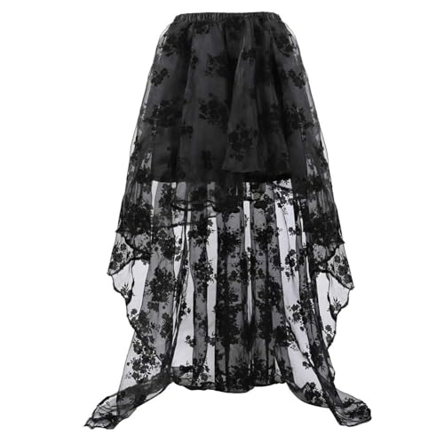 Damen Spitze Steampunk High-Low Rock - Gothic Skurriler Ballettrock für Korsett Halloween Spitze Blumenrock über Bodenlänge Elastische Taille Party Clubwear (Schwarz, 6XL) von AIGOUT