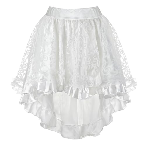 Damen Steampunk Gothic Rock High-Low Asymmetrisch Midi Rock mit Vintage Korsett Kompatibilität für Halloween Cosplay (Weiß, M) von AIGOUT
