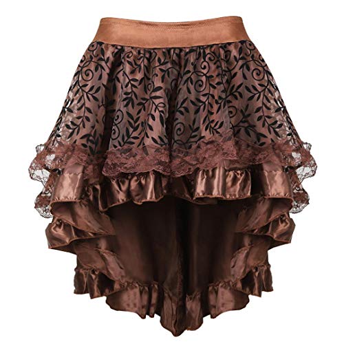 Damen Steampunk Gothic Rock High-Low Asymmetrischer Midirock mit Vintage Korsett Kompatibilität für Halloween Cosplay (Braun, XL) von AIGOUT