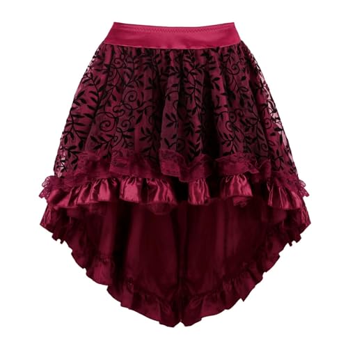 Damen Steampunk Gothic Rock High-Low Asymmetrischer Midirock mit Vintage Korsett Kompatibilität für Halloween Cosplay (Weinrot, 3XL) von AIGOUT