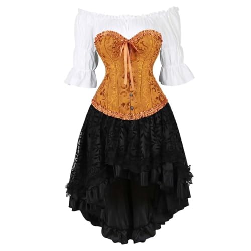 Damen Steampunk Korsett Outfit Vintage Satin Korsett Bluse Asymmetrisch Rock Ensemble Steampunk Kleid Plissee Saum Bodysuit Kleid Gothic Set (Gold, 5XL) von AIGOUT
