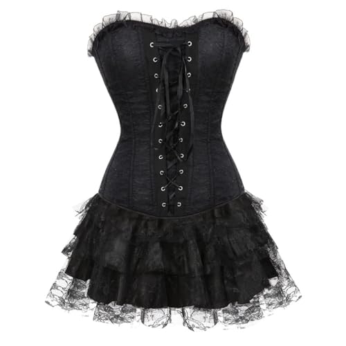 Damen Überbrust Spitze Floral Fishbone Bustier Kleid mit Bindebändern vorne und hinten - Eng anliegendes Korsett Ballettrock Set für Halloween Gothic Korsett Kleid Cosplay Produkt-Highlights (Schwarz Damen Überbrust Spitze Floral Fishbone Bustier Kleid mit Bindebändern vorne und hinten - Eng anliegendes Korsett Ballettrock Set für Halloween Gothic Korsett Kleid Cosplay Produkt-Highlights (Schwarz von AIGOUT