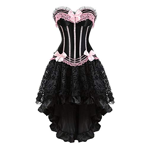 Gothic-Korsett-Kleid für Damen, Spitze, Schleife, Fischgräten-Korsettkleid, Vintage-Stil, Satin, gestreift, Push-up-Bustier mit flauschigem plissiertem Tutu-Rock, Ensemble (Rosa, Größe 5XL) von AIGOUT