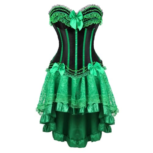 Gothic-Korsett-Kleid für Damen, Spitze, Schleife, Fischgräten-Korsettkleid, Vintage-Stil, Satin, gestreift, Push-up-Bustier mit flauschigem plissiertem mehrlagigem Tutu-Rock, Ensemble (Grün, M) von AIGOUT
