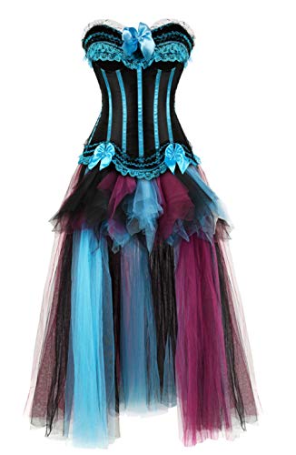 Gothic Korsett mit langem Rock Set Satin Streifen Korsett Spitze Schleife Fischgräte Bustier Kleid Gothic Kleid (Hellblau, XXS) von AIGOUT