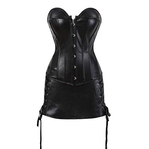 Gothic Übergröße, Kunstleder, Korsettrock-Set, Steampunk mit seitlicher Schnürung und kurzem Lederrock-Set, Halloween-Cosplay, Korsettkleid & Lederkleid für Partys (Schwarz, 7XL) von AIGOUT