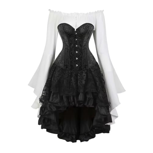 Piratenkostüm-Korsett-Set, Vintage-Stil, Brokat, Jacquard-Korsett-Kleid-Set mit Glockenärmeln, Steampunk-Rock, Gothic-Kleid-Ensemble für Cosplay-Motto-Partys (Schwarz, S) von AIGOUT