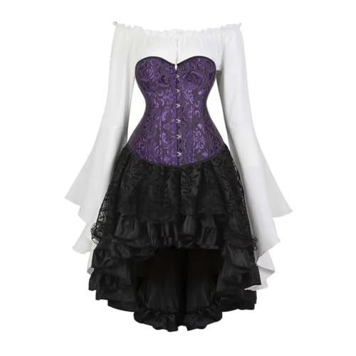 Piratenkostüm-Korsett-Set, Vintage-Stil, Brokat, Jacquard-Korsett-Kleid-Set mit Glockenärmeln, Steampunk-Rock, Gothic-Kleid-Ensemble für Cosplay-Motto-Partys (Schwarz-Lila, XXL) von AIGOUT