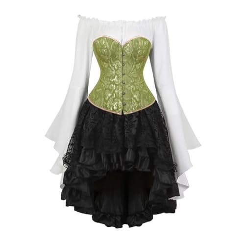Piratenkostüm-Korsett-Set, Vintage-Stil, Brokat, Jacquard-Korsett-Kleider-Set mit Glockenärmeln, Steampunk-Rock, Gothic-Kleid-Ensemble für Cosplay-Motto-Partys (Grün, XXL) von AIGOUT