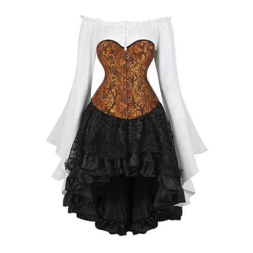 Piratenkostüm-Korsett-Set – Vintage Court Brokat Jacquard Korsett Kleid Set mit Glockenärmeln Hemd & High-Low Steampunk Rock Gothic Kleid Ensemble für Cosplay Motto-Partys (Ginger, 5XL) von AIGOUT