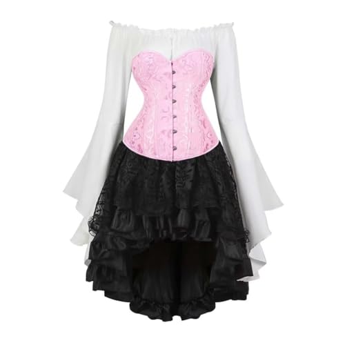 Piratenkostüm-Korsett-Set – Vintage Court Brokat Jacquard Korsett Kleid Set mit Glockenärmeln Hemd & High-Low Steampunk Rock Gothic Kleid Ensemble für Cosplay Motto-Partys (Rose, L) von AIGOUT