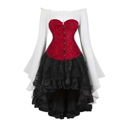 Piratenkostüm-Korsett-Set – Vintage Court Brokat Jacquard Korsett Kleid Set mit Glockenärmeln Hemd & High-Low Steampunk Rock Gothic Kleid Ensemble für Cosplay Motto-Partys (Weinrot, 5XL) von AIGOUT
