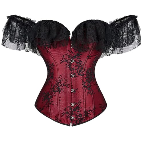 Schulterfreies Korsett für Damen, Spitze, One-Shoulder-Fischgräten-Korsett, Hochzeitskleid, Oberteil für Club, Cosplay und Party (Weinrot, 4XL) von AIGOUT
