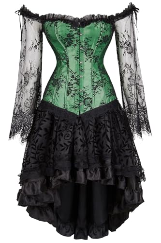 Spitze Langarm Korsett mit High-Low Rock Set Vintage Spitze Jacquard Korsett Kleid Set für Halloween Gothic Cosplay & Party (Grün, 6XL) von AIGOUT