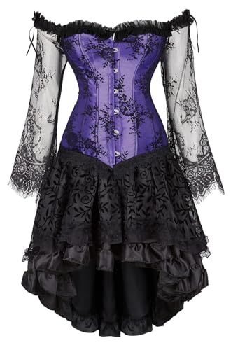 Spitze Langarm Korsett mit High-Low Rock Set Vintage Spitze Jacquard Korsett Kleid Set für Halloween Gothic Cosplay & Party (Lila, 7XL) von AIGOUT