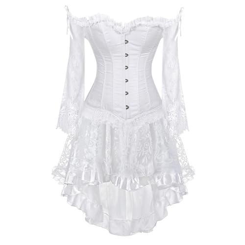 Spitze Langarm Korsett mit High-Low Rock Set Vintage Spitze Jacquard Korsett Kleid Set für Halloween Gothic Cosplay & Party (Weiß, XXL) von AIGOUT