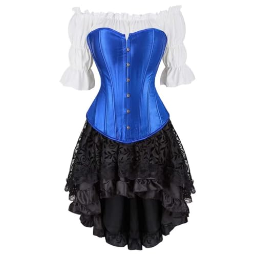 Steampunk Gothic Dreiteiliges Korsett im Court-Stil, Satin, Fischgräten-Korsett, Bluse mit Blasenärmeln und High-Low-Rock, Halloween-Gothic-Kleid-Kostüm (Blau, XL) von AIGOUT