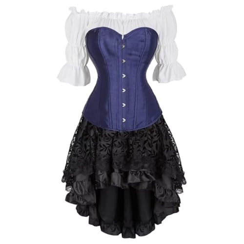 Steampunk Gothic Dreiteiliges Korsett im Court-Stil, Satin, Fischgräten-Korsett, Bluse mit Blasenärmeln & High-Low-Rock, Halloween-Gothic-Kleid-Kostüm (Marineblau, XS) von AIGOUT