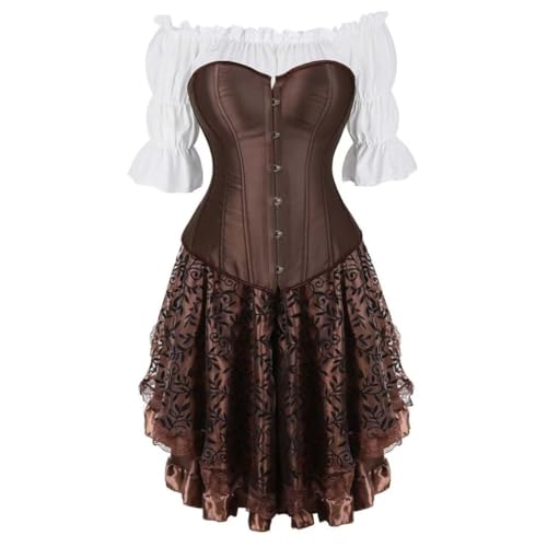 Steampunk Gothic Dreiteiliges Korsett im Court-Stil, Satin, Fischgräten-Korsett, Bluse mit Blasenärmeln und High-Low-Rock, Halloween-Gothic-Kostüm, Braun, Größe XXL von AIGOUT