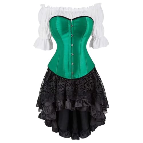 Steampunk Gothic Dreiteiliges Korsett im Court-Stil, Satin, Fischgräten-Korsett, Bluse mit Blasenärmeln und High-Low-Rock, Halloween-Gothic-Kostüm, Grün, XS Steampunk Gothic Dreiteiliges Korsett im Court-Stil, Satin, Fischgräten-Korsett, Bluse mit Blasenärmeln und High-Low-Rock, Halloween-Gothic-Kostüm, Grün, XS von AIGOUT