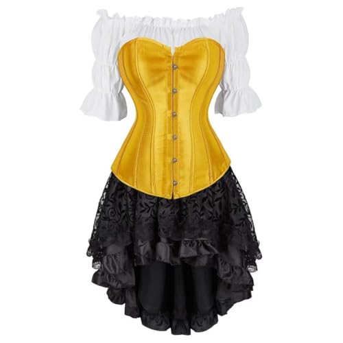 Steampunk Gothic Dreiteiliges Korsett im Court-Stil, Satin, Fischgräten-Korsett, Bluse mit Blasenärmeln und High-Low-Rock, Halloween-Gothic-Kostüm, Ingwer, S von AIGOUT