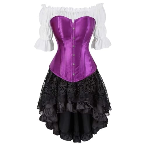 Steampunk Gothic Dreiteiliges Korsett im Court-Stil, Satin, Fischgräten-Korsett, Bluse mit Blasenärmeln & High-Low-Rock, Halloween-Gothic-Kostüm, Lila, Größe 3XL von AIGOUT