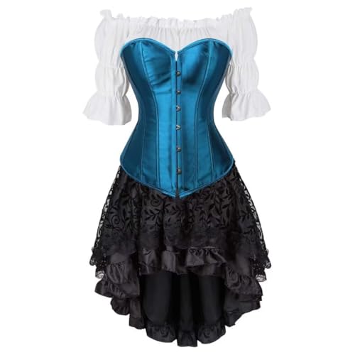 Steampunk Gothic Dreiteiliges Korsett im Court-Stil, Satin, Fischgräten-Korsett, Bluse mit Blasenärmeln & High-Low-Rock, Halloween-Gothic-Kostüm, Pfauenblau, Größe 3XL von AIGOUT